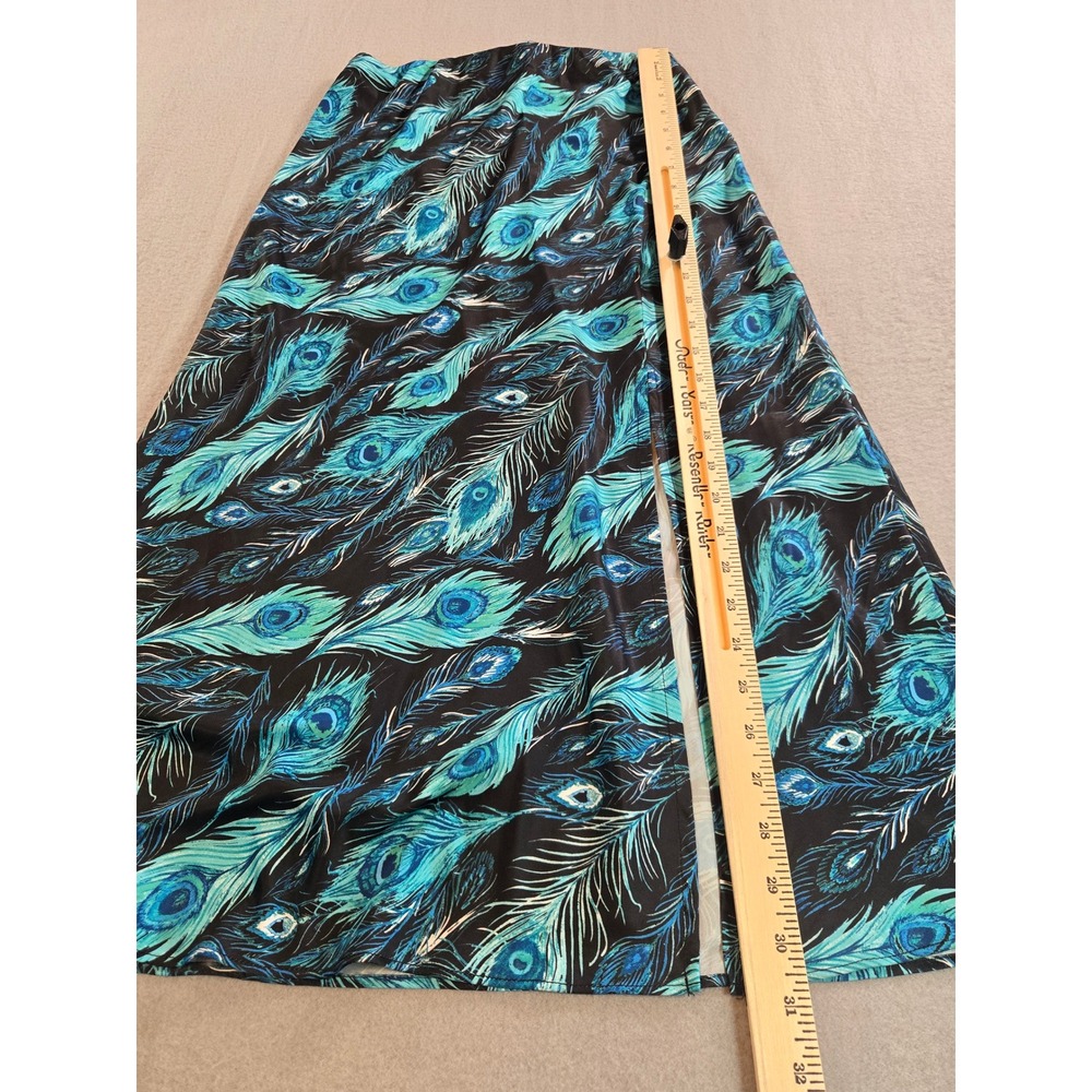 Blue Rain Francesca's Maxi Skirt Women S Blue Peacock Feather Print Side Slit - Picture 2 of 7